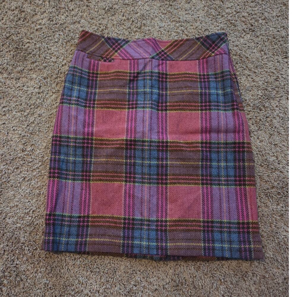 L.L. Bean wool blend stewart plaid knee length skirt pink purple 10